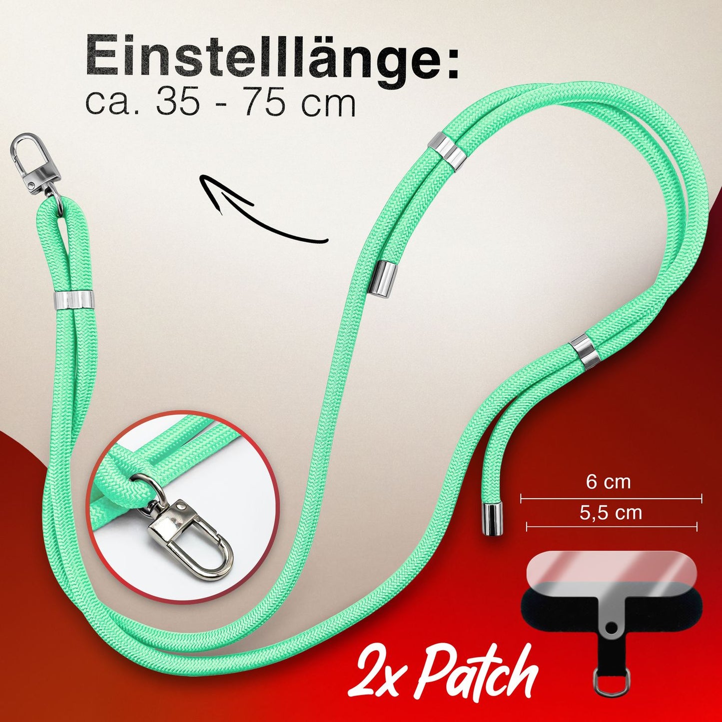 NALIA Universal Handykette für alle Smartphones – Premium Komfort-Nylon & 2 Patches – HOLDME (Geflochtenes Lanyard mit Silber-Karabiner) – Marke aus Berlin