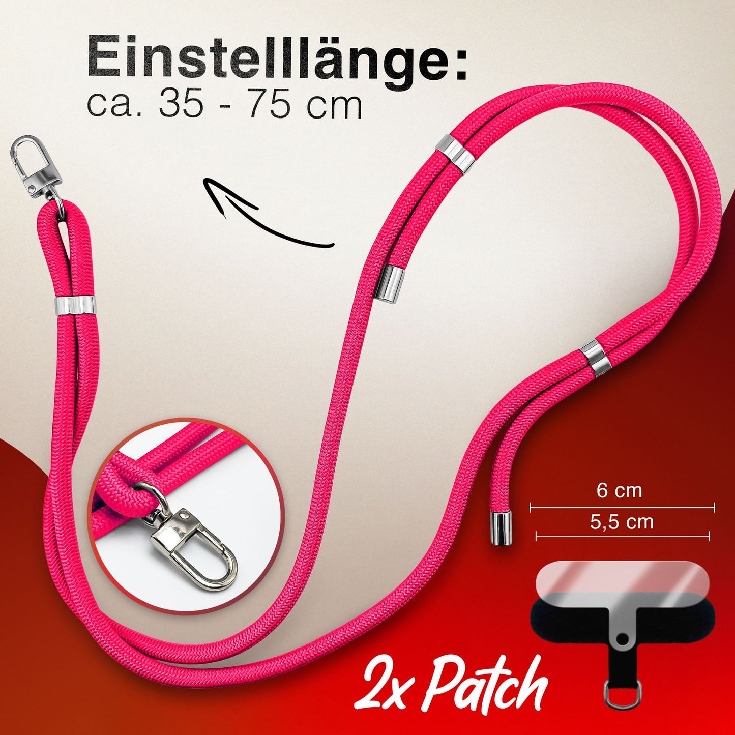 NALIA Universal Handykette für alle Smartphones – Premium Komfort-Nylon & 2 Patches – HOLDME (Geflochtenes Lanyard mit Silber-Karabiner) – Marke aus Berlin
