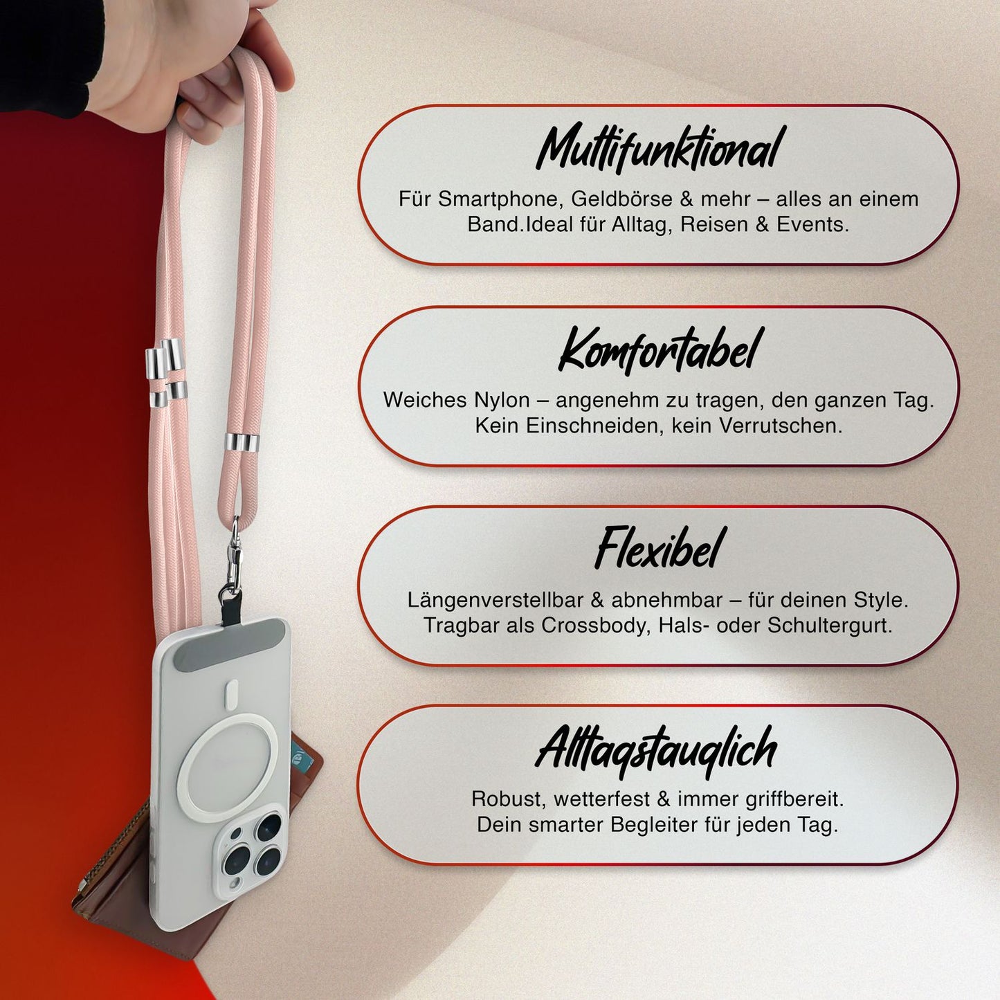 NALIA Universal Handykette für alle Smartphones – Premium Komfort-Nylon & 2 Patches – HOLDME (Geflochtenes Lanyard mit Silber-Karabiner) – Marke aus Berlin