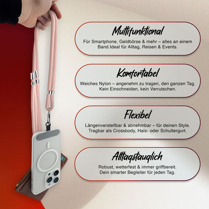 NALIA Universal Handykette für alle Smartphones – Premium Komfort-Nylon & 2 Patches – HOLDME (Geflochtenes Lanyard mit Silber-Karabiner) – Marke aus Berlin