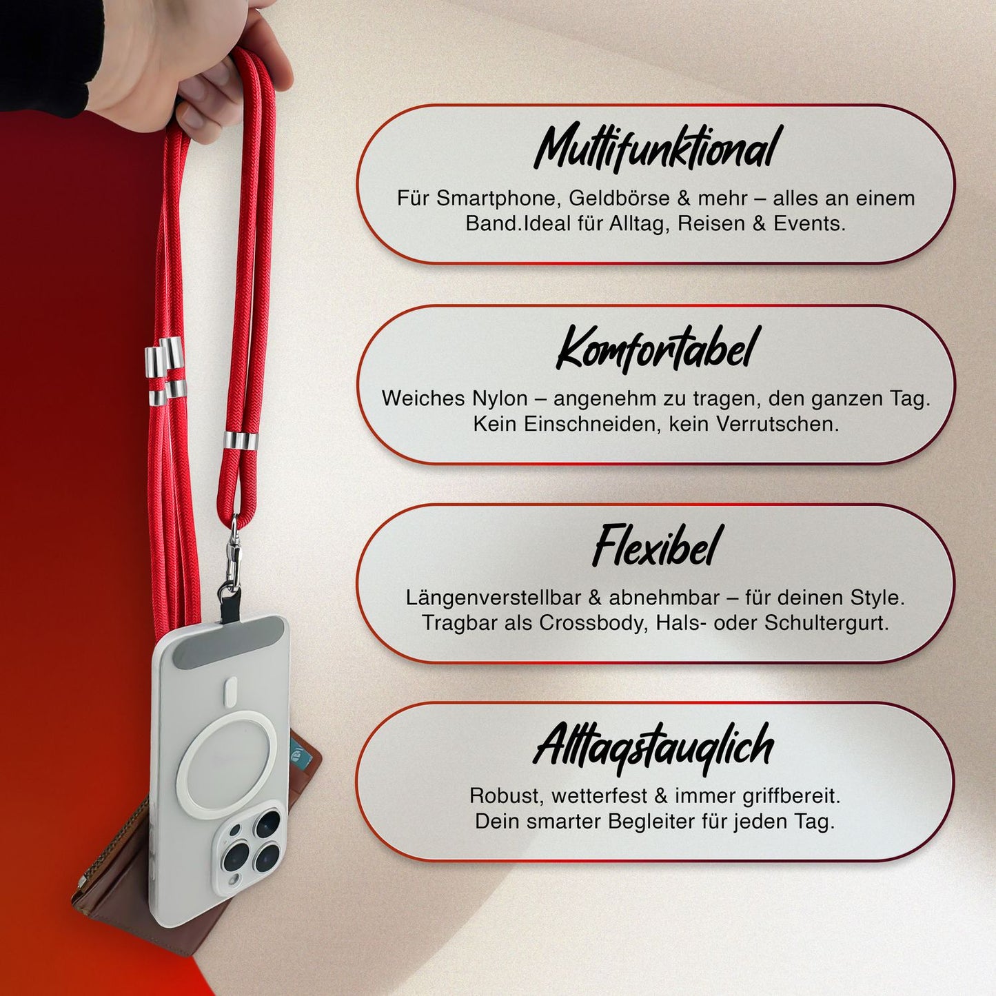 NALIA Universal Handykette für alle Smartphones – Premium Komfort-Nylon & 2 Patches – HOLDME (Geflochtenes Lanyard mit Silber-Karabiner) – Marke aus Berlin