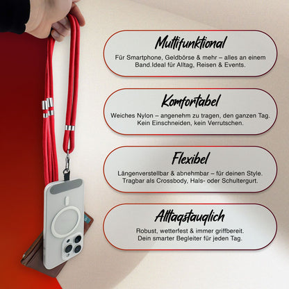 NALIA Universal Handykette für alle Smartphones – Premium Komfort-Nylon & 2 Patches – HOLDME (Geflochtenes Lanyard mit Silber-Karabiner) – Marke aus Berlin
