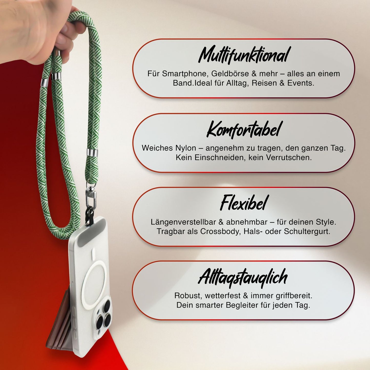 NALIA Universal Handykette für alle Smartphones – Premium Komfort-Nylon & 2 Patches – HOLDME (Geflochtenes Lanyard mit Silber-Karabiner) – Marke aus Berlin