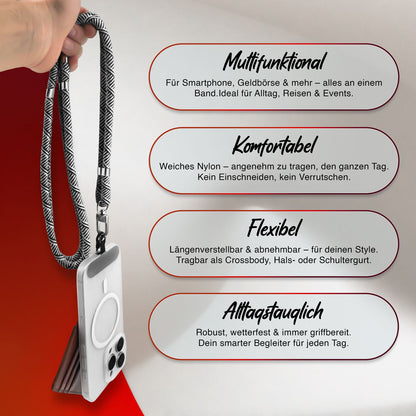 NALIA Universal Handykette für alle Smartphones – Premium Komfort-Nylon & 2 Patches – HOLDME (Geflochtenes Lanyard mit Silber-Karabiner) – Marke aus Berlin