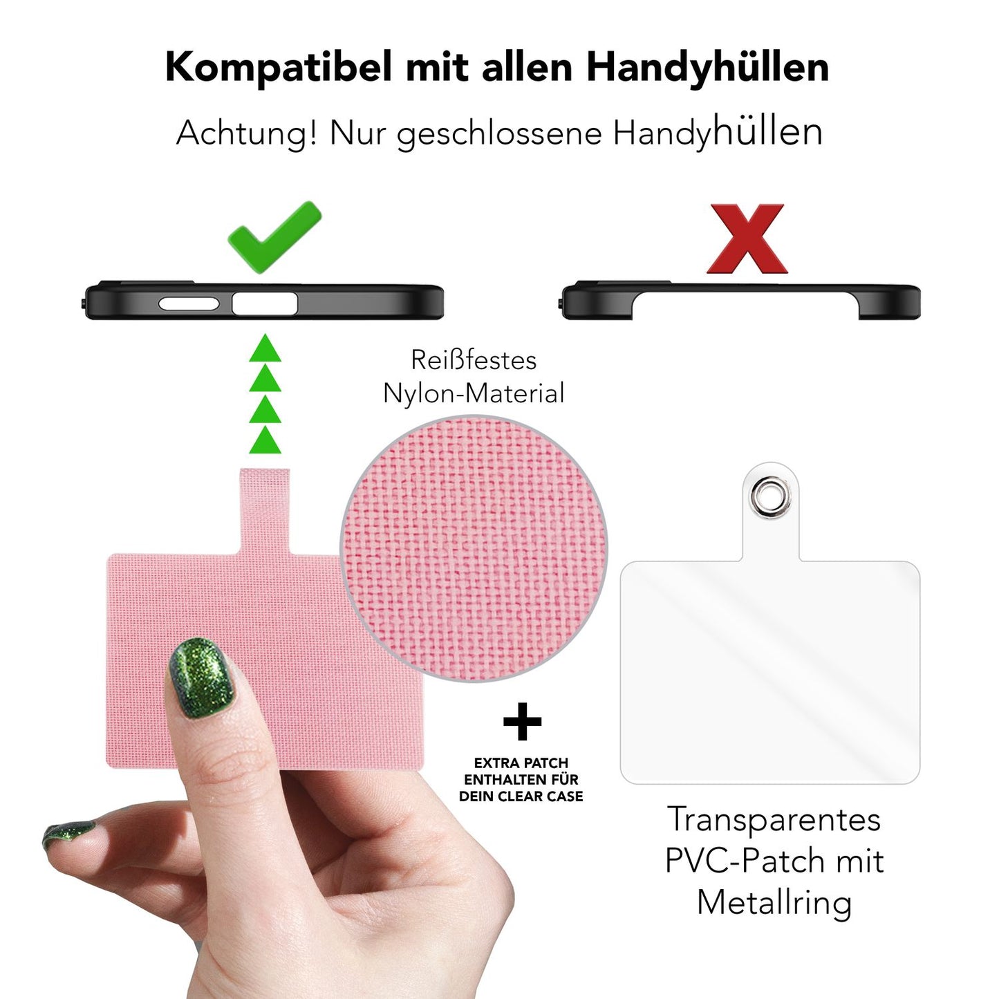 NALIA Universal Handykette für alle Smartphones – Robuste Kordel & 2 Patches – HOLDME AIR (Klassisches Lanyard mit Goldenem Karabiner) – Marke aus Berlin