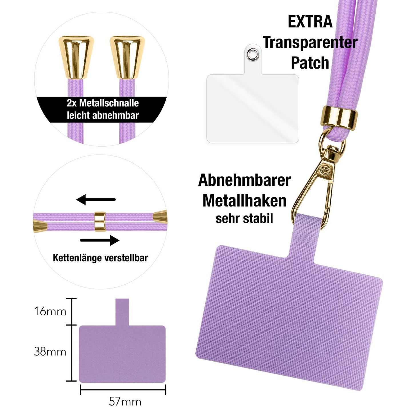 NALIA Universal Handykette für alle Smartphones – Robuste Kordel & 2 Patches – HOLDME AIR (Klassisches Lanyard mit Goldenem Karabiner) – Marke aus Berlin