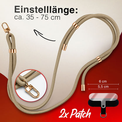 NALIA Universal Handykette für alle Smartphones – Premium Komfort-Nylon & 2 Patches – HOLDME (Geflochtenes Lanyard mit Gold-Karabiner) – Marke aus Berlin