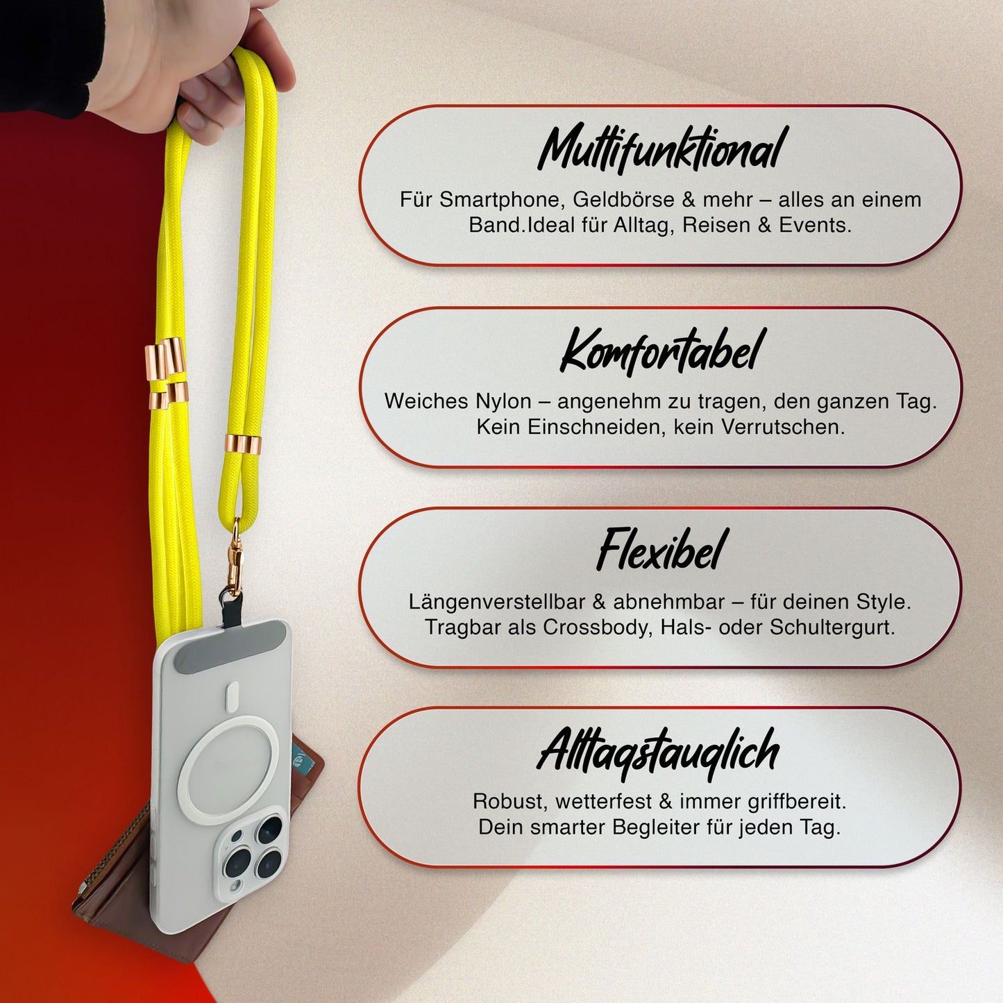 NALIA Universal Handykette für alle Smartphones – Premium Komfort-Nylon & 2 Patches – HOLDME (Geflochtenes Lanyard mit Gold-Karabiner) – Marke aus Berlin