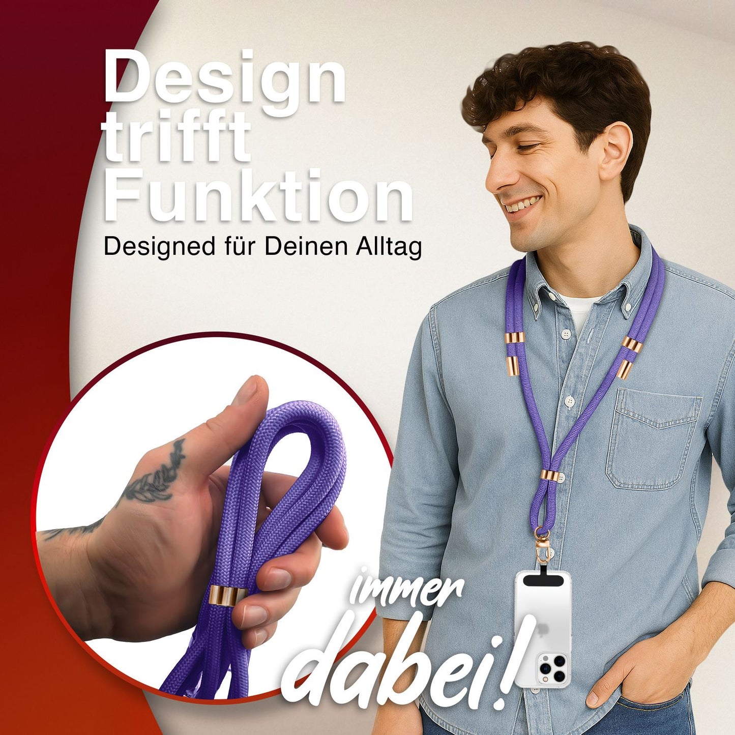 NALIA Universal Handykette für alle Smartphones – Premium Komfort-Nylon & 2 Patches – HOLDME (Geflochtenes Lanyard mit Gold-Karabiner) – Marke aus Berlin