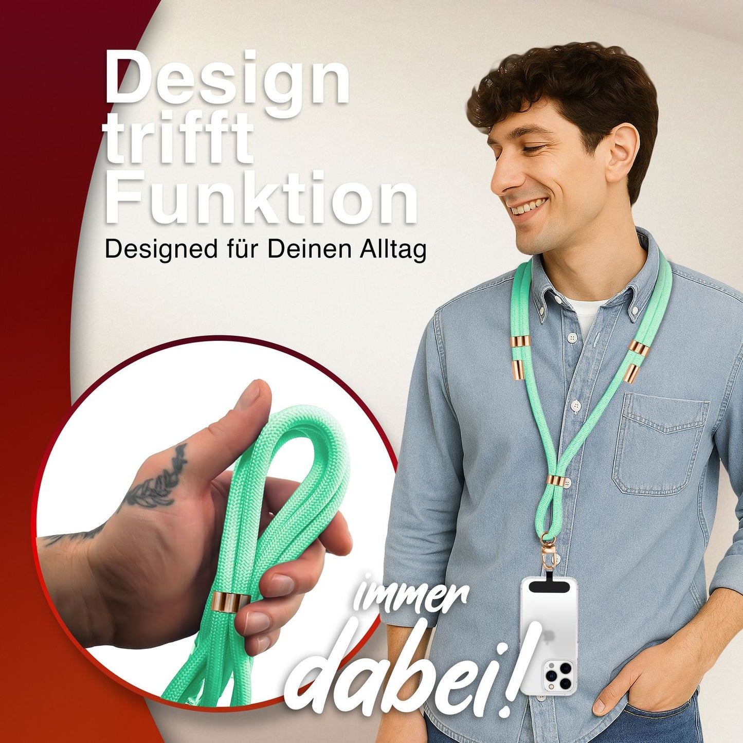 NALIA Universal Handykette für alle Smartphones – Premium Komfort-Nylon & 2 Patches – HOLDME (Geflochtenes Lanyard mit Gold-Karabiner) – Marke aus Berlin