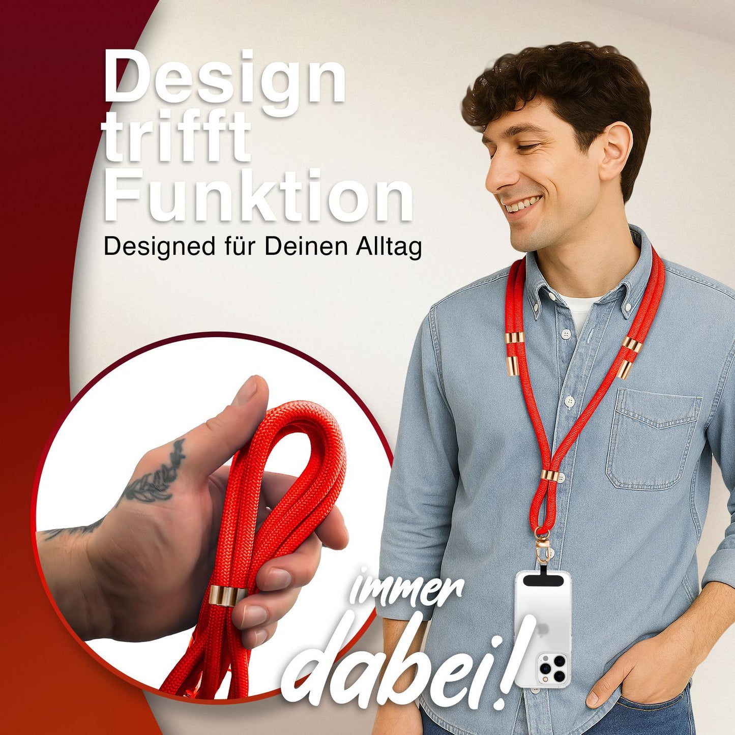 NALIA Universal Handykette für alle Smartphones – Premium Komfort-Nylon & 2 Patches – HOLDME (Geflochtenes Lanyard mit Gold-Karabiner) – Marke aus Berlin