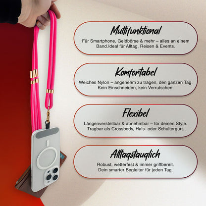 NALIA Universal Handykette für alle Smartphones – Premium Komfort-Nylon & 2 Patches – HOLDME (Geflochtenes Lanyard mit Gold-Karabiner) – Marke aus Berlin