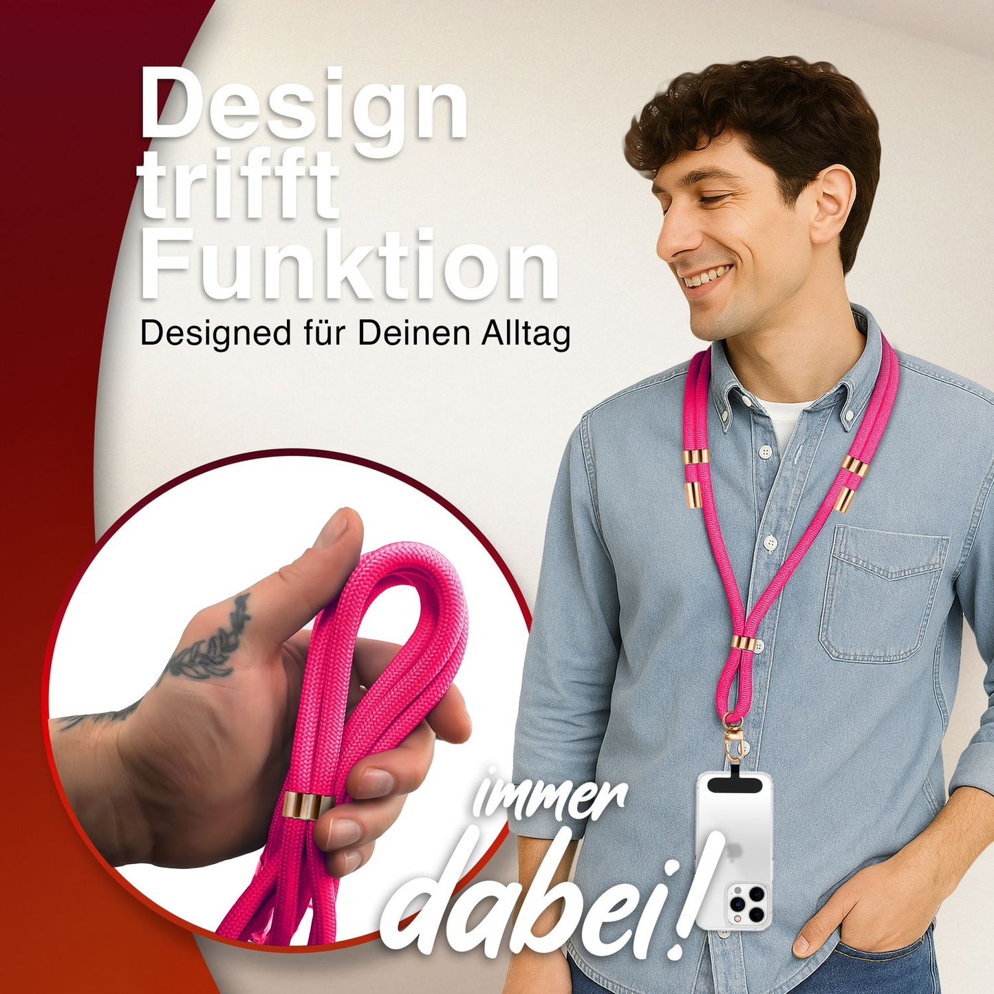 NALIA Universal Handykette für alle Smartphones – Premium Komfort-Nylon & 2 Patches – HOLDME (Geflochtenes Lanyard mit Gold-Karabiner) – Marke aus Berlin