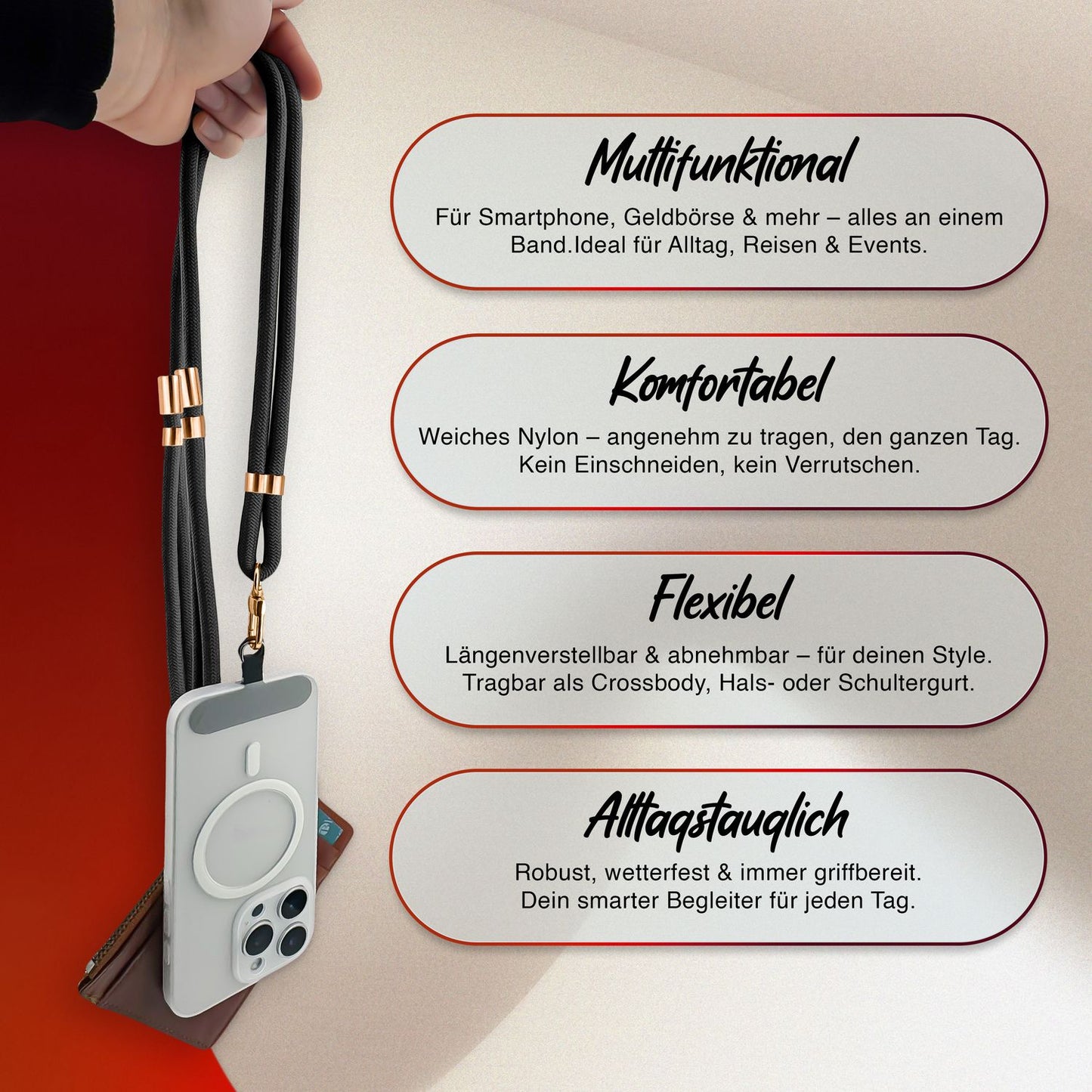 NALIA Universal Handykette für alle Smartphones – Premium Komfort-Nylon & 2 Patches – HOLDME (Geflochtenes Lanyard mit Gold-Karabiner) – Marke aus Berlin
