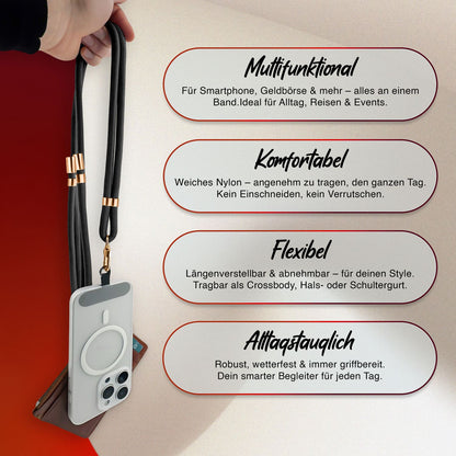 NALIA Universal Handykette für alle Smartphones – Premium Komfort-Nylon & 2 Patches – HOLDME (Geflochtenes Lanyard mit Gold-Karabiner) – Marke aus Berlin