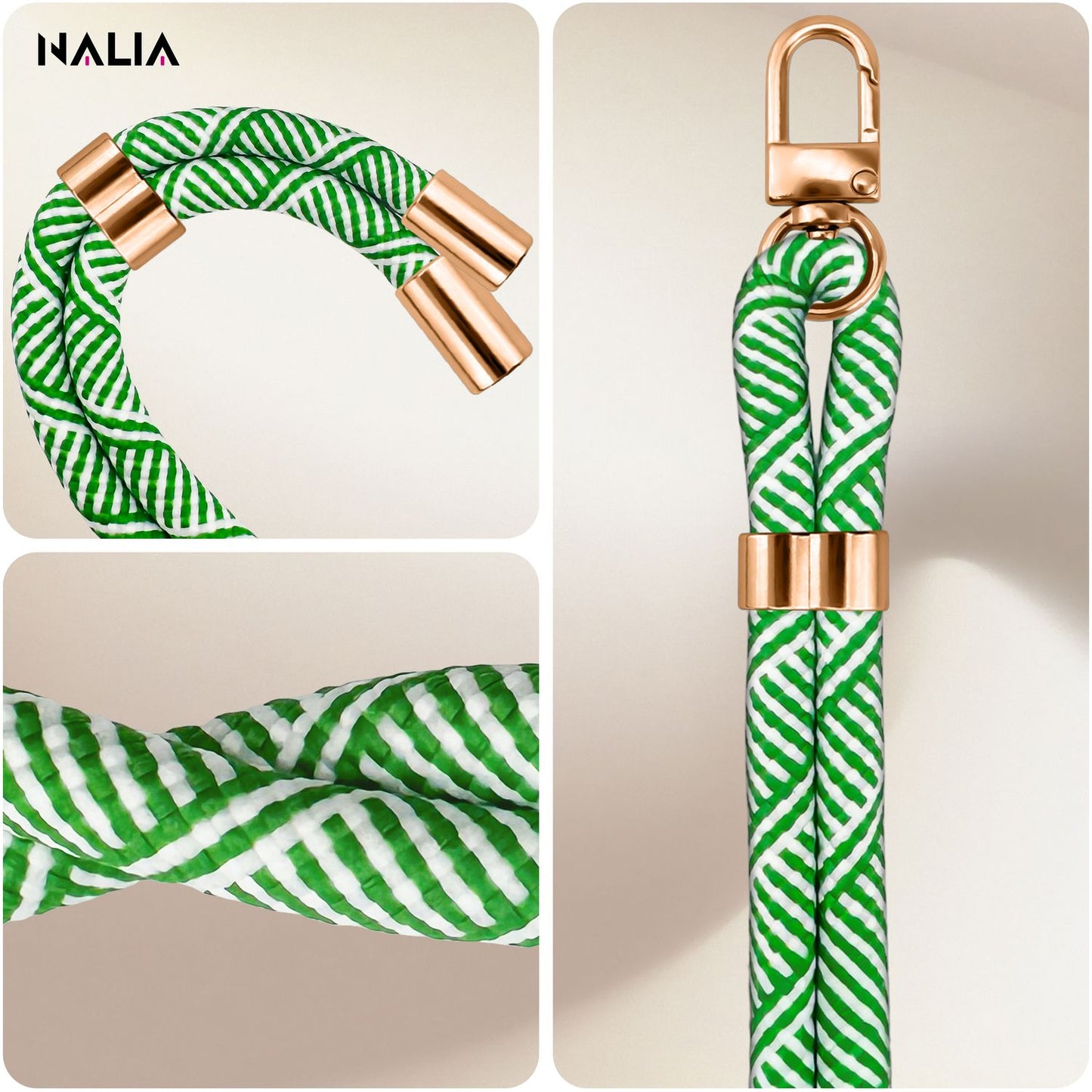 NALIA Universal Handykette für alle Smartphones – Premium Komfort-Nylon & 2 Patches – HOLDME (Geflochtenes Lanyard mit Gold-Karabiner) – Marke aus Berlin