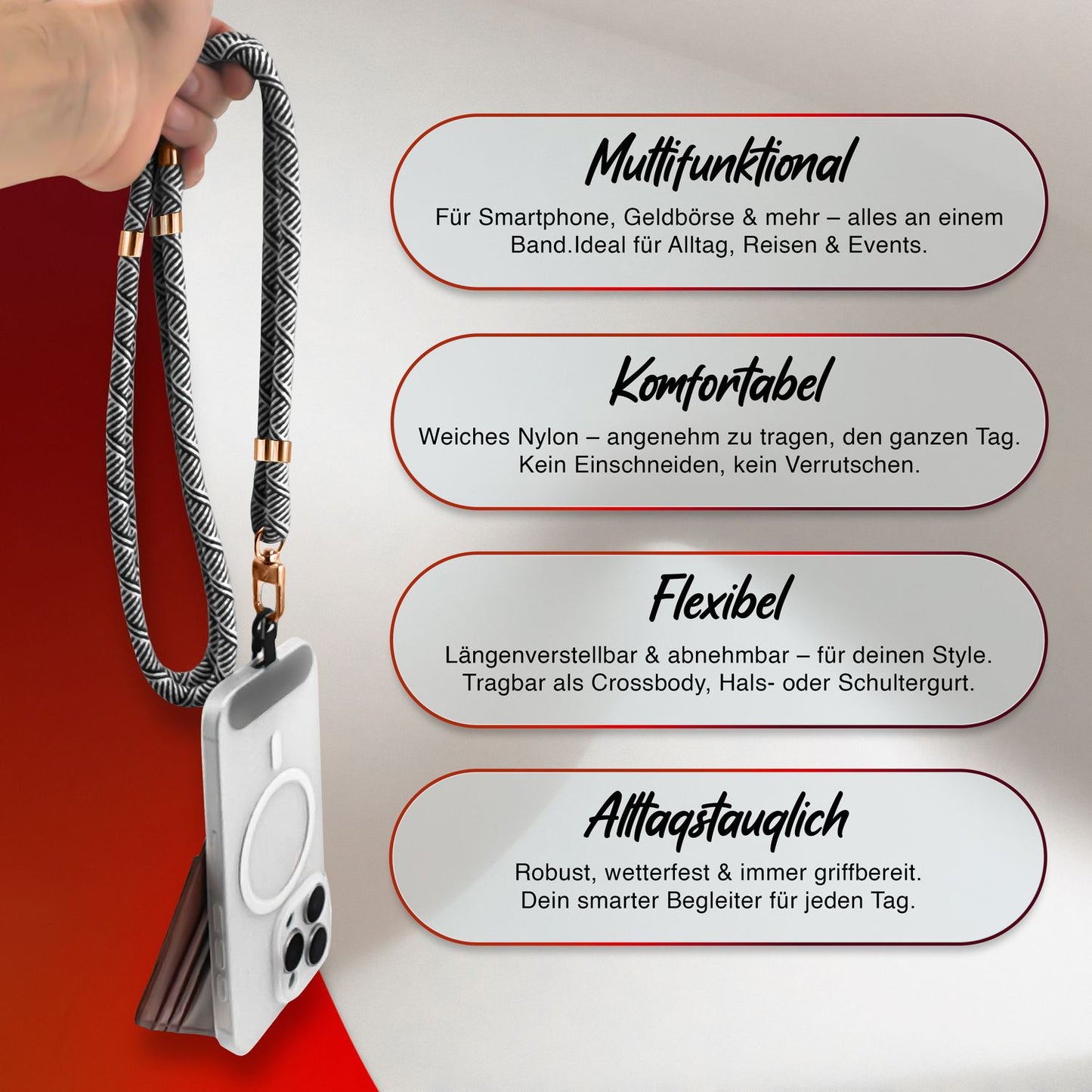 NALIA Universal Handykette für alle Smartphones – Premium Komfort-Nylon & 2 Patches – HOLDME (Geflochtenes Lanyard mit Gold-Karabiner) – Marke aus Berlin