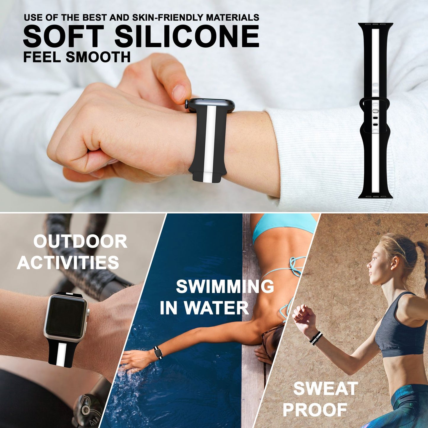 NALIA Gestreiftes Silikon Smart-Watch Ersatzarmband kompatibel mit Apple Watch Armband SE & Series 8/7/6/5/4/3/2/1, 38mm 40mm 41mm, iWatch Fitnessarmband Damen & Herren