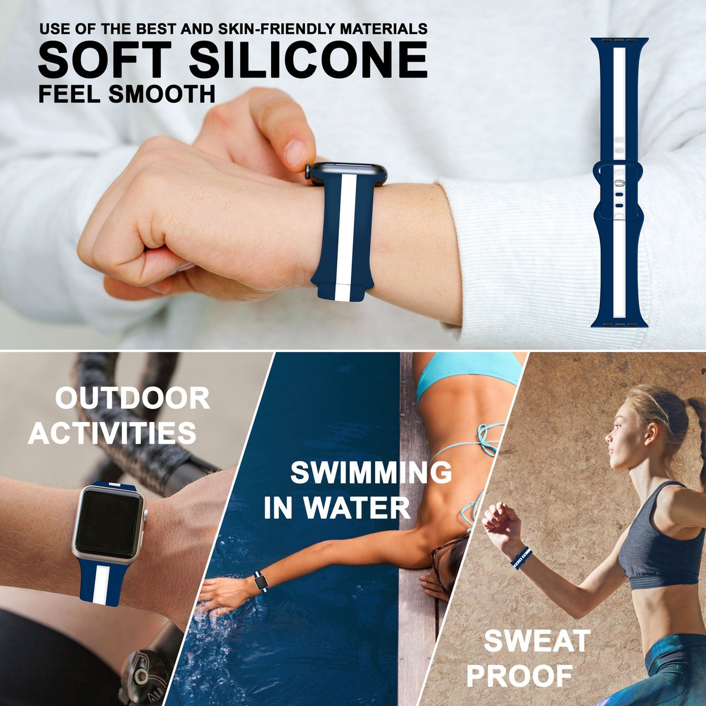 NALIA Gestreiftes Silikon Smart-Watch Ersatzarmband kompatibel mit Apple Watch Armband SE & Series 8/7/6/5/4/3/2/1, 38mm 40mm 41mm, iWatch Fitnessarmband Damen & Herren