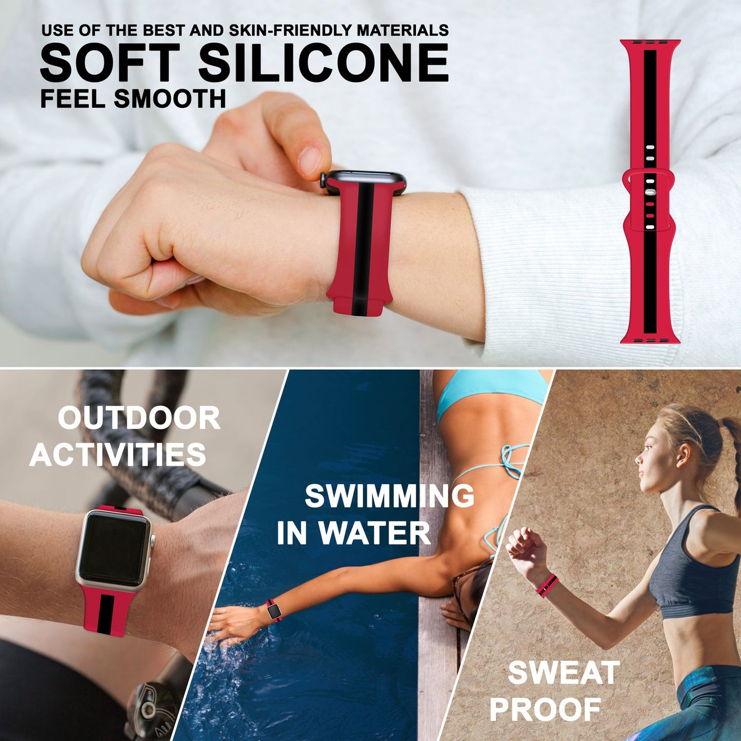 NALIA Gestreiftes Silikon Smart-Watch Ersatzarmband kompatibel mit Apple Watch Armband SE & Series 8/7/6/5/4/3/2/1, 38mm 40mm 41mm, iWatch Fitnessarmband Damen & Herren