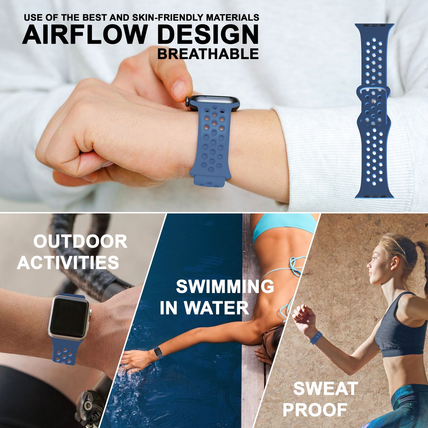 NALIA Gelochtes Silikon Smart-Watch Ersatzarmband kompatibel mit Apple Watch Armband Ultra/SE & Series 8/7/6/5/4/3/2/1, 42mm 44mm 45mm 49mm, iWatch Fitnessarmband Damen & Herren