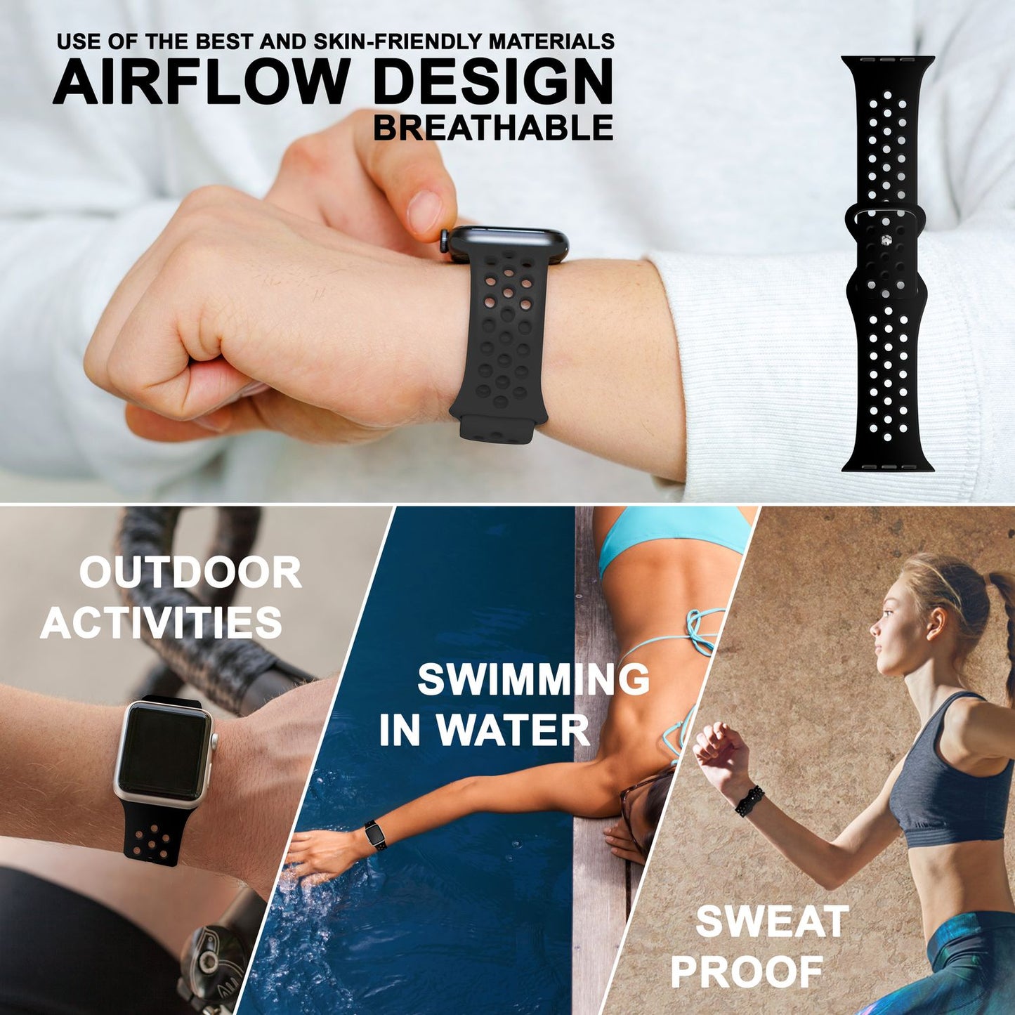 NALIA Gelochtes Silikon Smart-Watch Ersatzarmband kompatibel mit Apple Watch Armband Ultra/SE & Series 8/7/6/5/4/3/2/1, 42mm 44mm 45mm 49mm, iWatch Fitnessarmband Damen & Herren