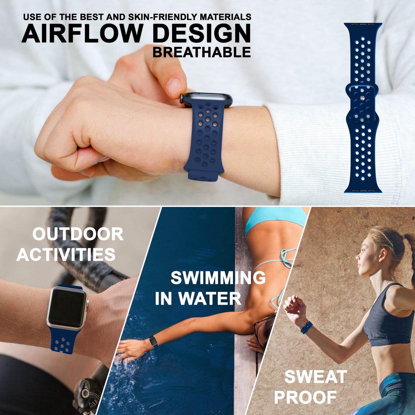 NALIA Gelochtes Silikon Smart-Watch Ersatzarmband kompatibel mit Apple Watch Armband Ultra/SE & Series 8/7/6/5/4/3/2/1, 42mm 44mm 45mm 49mm, iWatch Fitnessarmband Damen & Herren