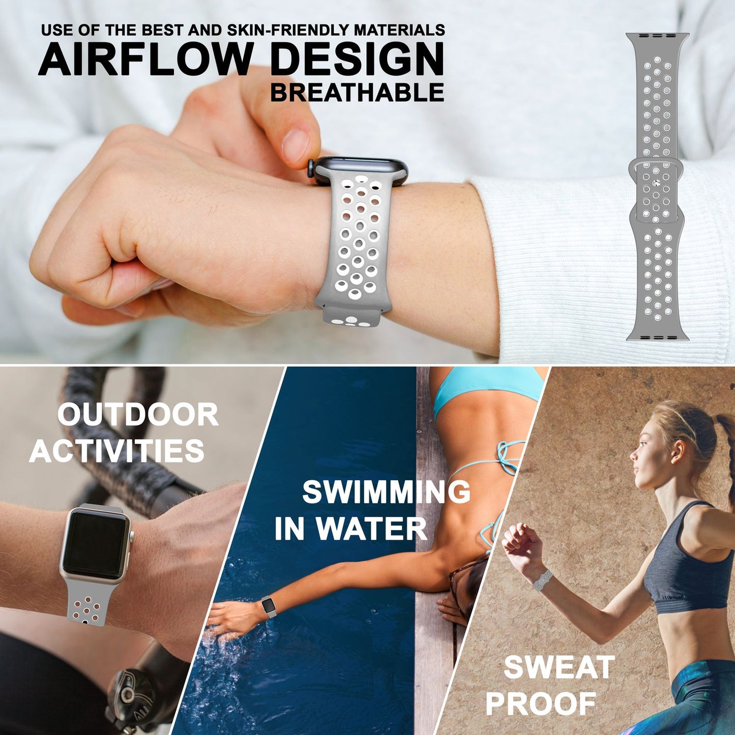 NALIA Silikon Smart Watch Armband Airflow-Löcher kompatibel mit Apple Watch Armband SE & Series 8/7/6/5/4/3/2/1, 38mm 40mm 41mm, iWatch Sport-Band Damen Herren