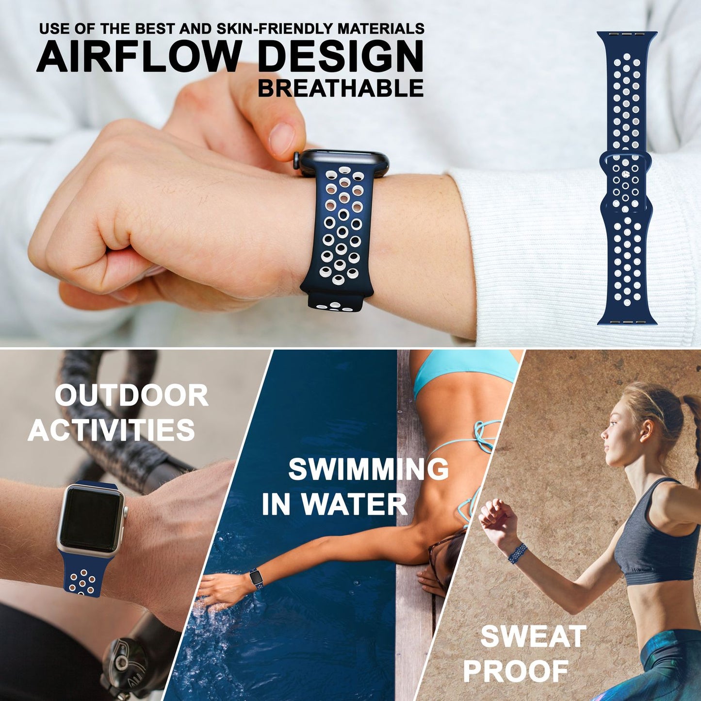 NALIA Silikon Smart Watch Armband Airflow-Löcher kompatibel mit Apple Watch Armband Ultra/SE & Series 8/7/6/5/4/3/2/1, 42mm 44mm 45mm 49mm, iWatch Sport-Band Damen Herren