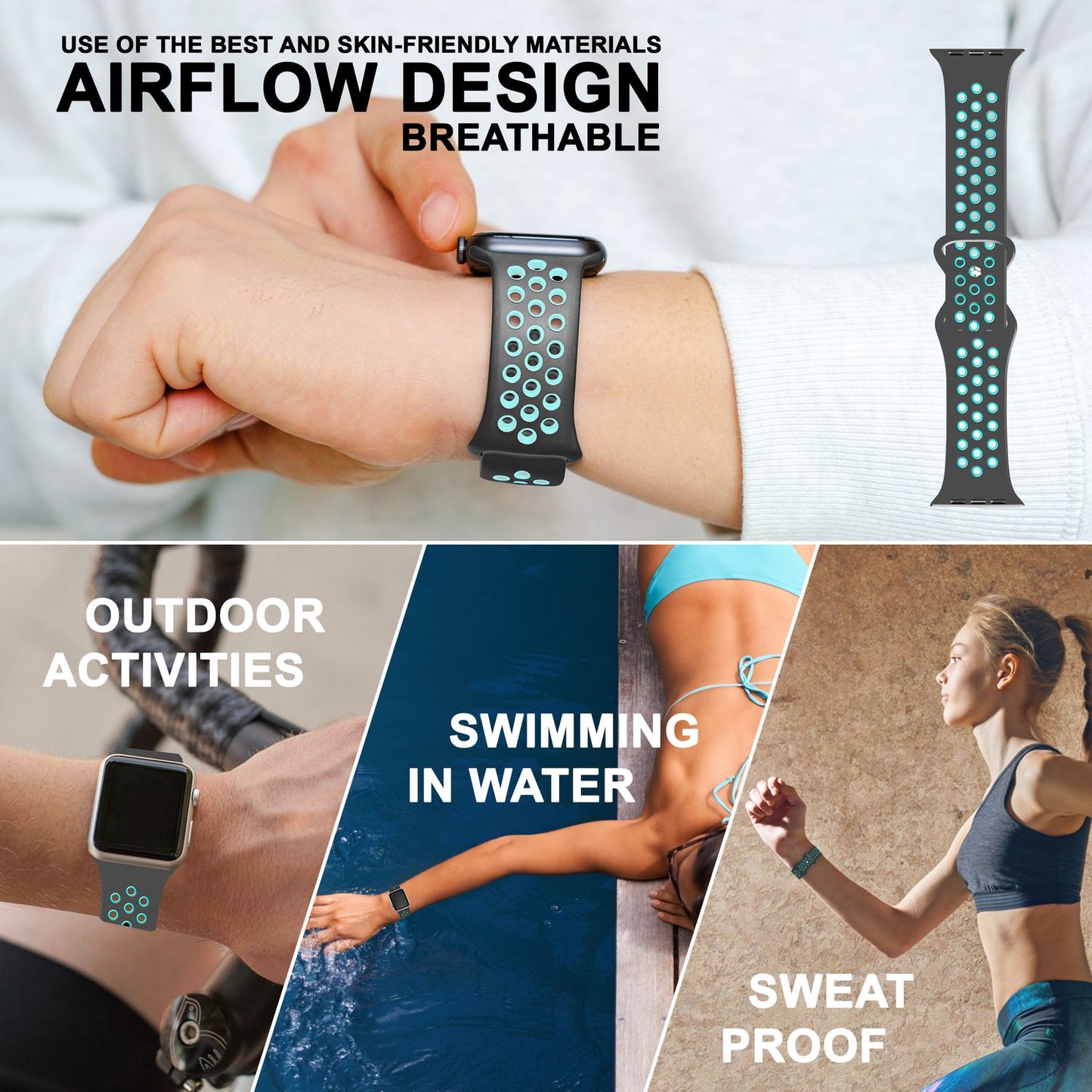 NALIA Silikon Smart Watch Armband Airflow-Löcher kompatibel mit Apple Watch Armband Ultra/SE & Series 8/7/6/5/4/3/2/1, 42mm 44mm 45mm 49mm, iWatch Sport-Band Damen Herren