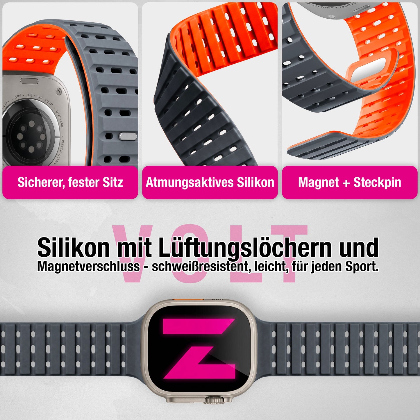 NALIA Volt Magnet Armband kompatibel mit Apple Watch Armband iWatch Series Ultra/SE/10/9/8/7/6/5/4/3/2/1, 42/44/45/49mm, Silikon Band Loop Sportarmband mit Steck-Pin Verschluss
