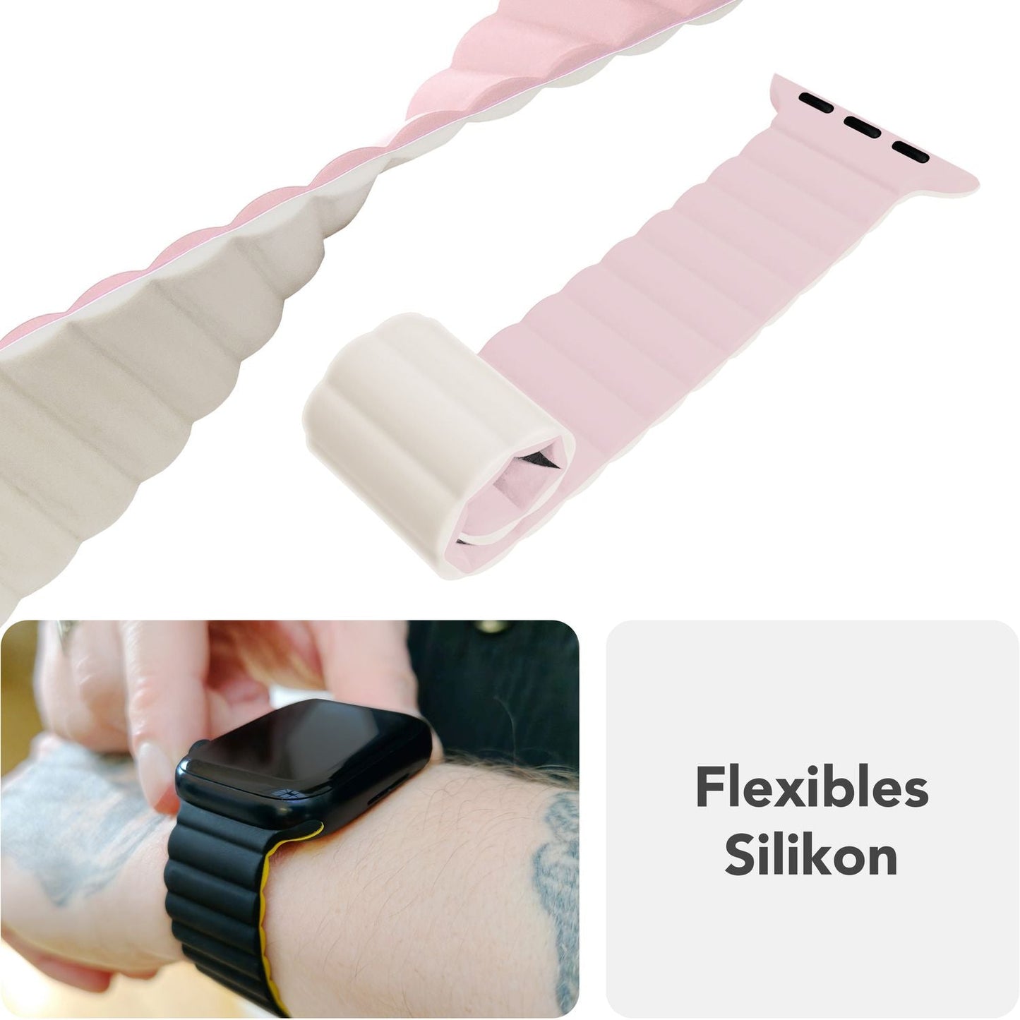 NALIA Core Magnet Armband kompatibel mit Apple Watch SE & iWatch Series 10 9 8 7 6 5 4 3 2 1, 38/40/41/42mm, Atmungsaktives Silikon Loop, Sportarmband mit Rillen Design
