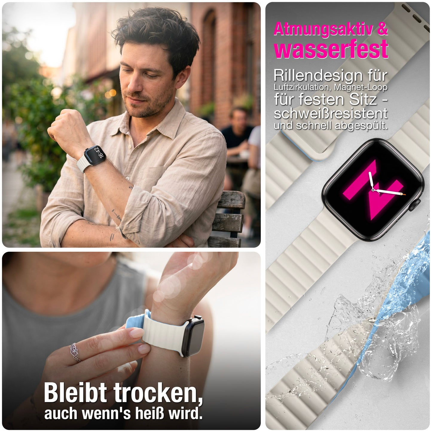 NALIA Core Magnet Armband kompatibel mit Apple Watch SE & iWatch Series 10 9 8 7 6 5 4 3 2 1, 38/40/41/42mm, Atmungsaktives Silikon Loop, Sportarmband mit Rillen Design