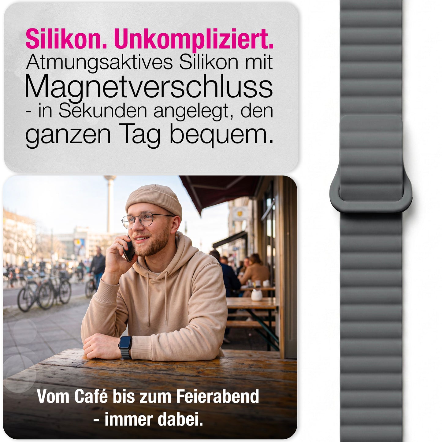 NALIA Core Magnet Armband kompatibel mit Apple Watch SE & iWatch Series 10 9 8 7 6 5 4 3 2 1, 38/40/41/42mm, Atmungsaktives Silikon Loop, Sportarmband mit Rillen Design