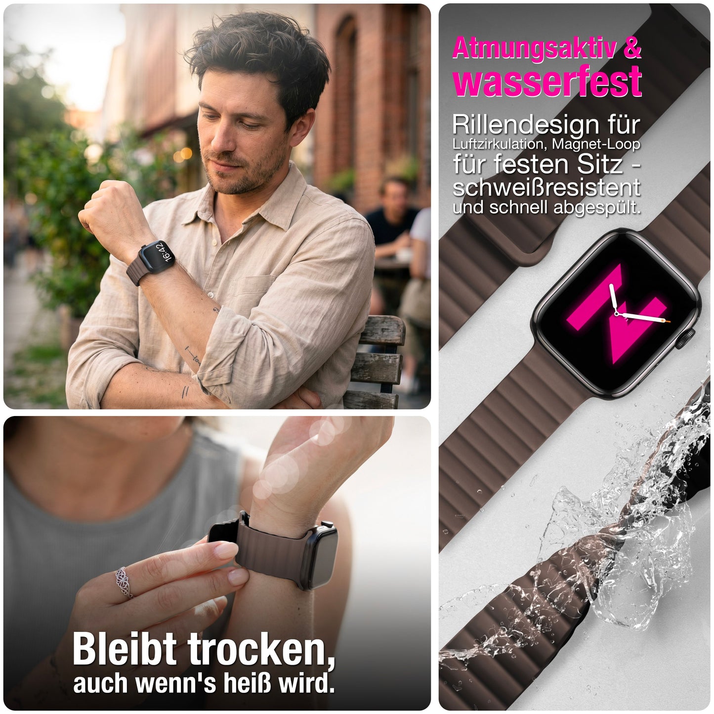 NALIA Core Magnet Armband kompatibel mit Apple Watch SE & iWatch Series 10 9 8 7 6 5 4 3 2 1, 38/40/41/42mm, Atmungsaktives Silikon Loop, Sportarmband mit Rillen Design