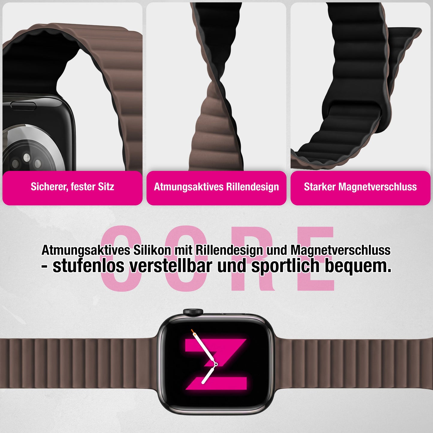 NALIA Core Magnet Armband kompatibel mit Apple Watch SE & iWatch Series 10 9 8 7 6 5 4 3 2 1, 38/40/41/42mm, Atmungsaktives Silikon Loop, Sportarmband mit Rillen Design