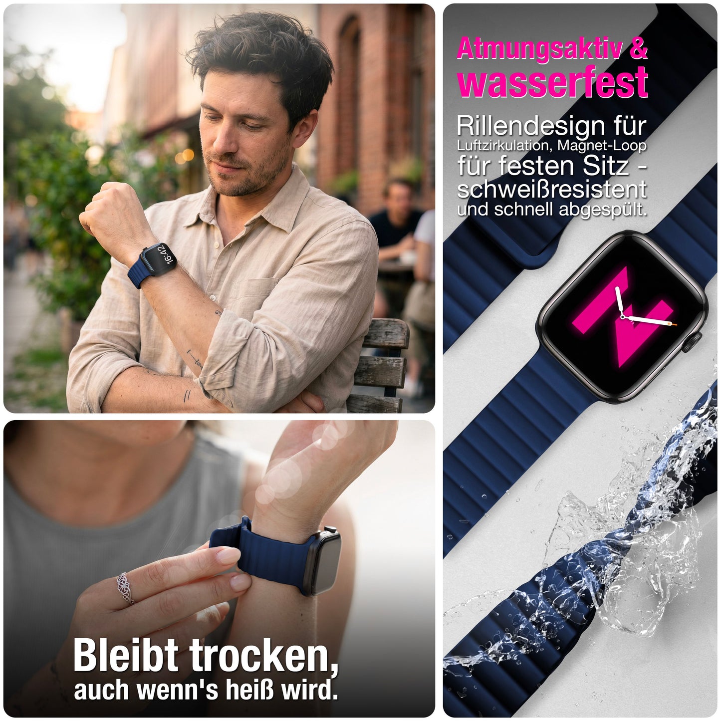NALIA Core Magnet Armband kompatibel mit Apple Watch SE & iWatch Series 10 9 8 7 6 5 4 3 2 1, 38/40/41/42mm, Atmungsaktives Silikon Loop, Sportarmband mit Rillen Design