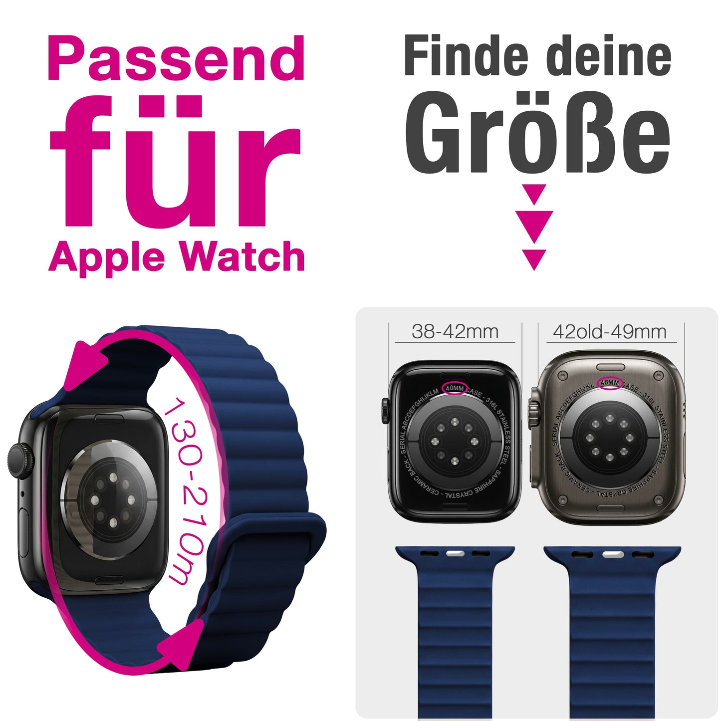 NALIA Core Magnet Armband kompatibel mit Apple Watch SE & iWatch Series 10 9 8 7 6 5 4 3 2 1, 38/40/41/42mm, Atmungsaktives Silikon Loop, Sportarmband mit Rillen Design