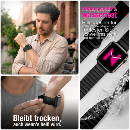 NALIA Core Magnet Armband kompatibel mit Apple Watch SE & iWatch Series 10 9 8 7 6 5 4 3 2 1, 38/40/41/42mm, Atmungsaktives Silikon Loop, Sportarmband mit Rillen Design