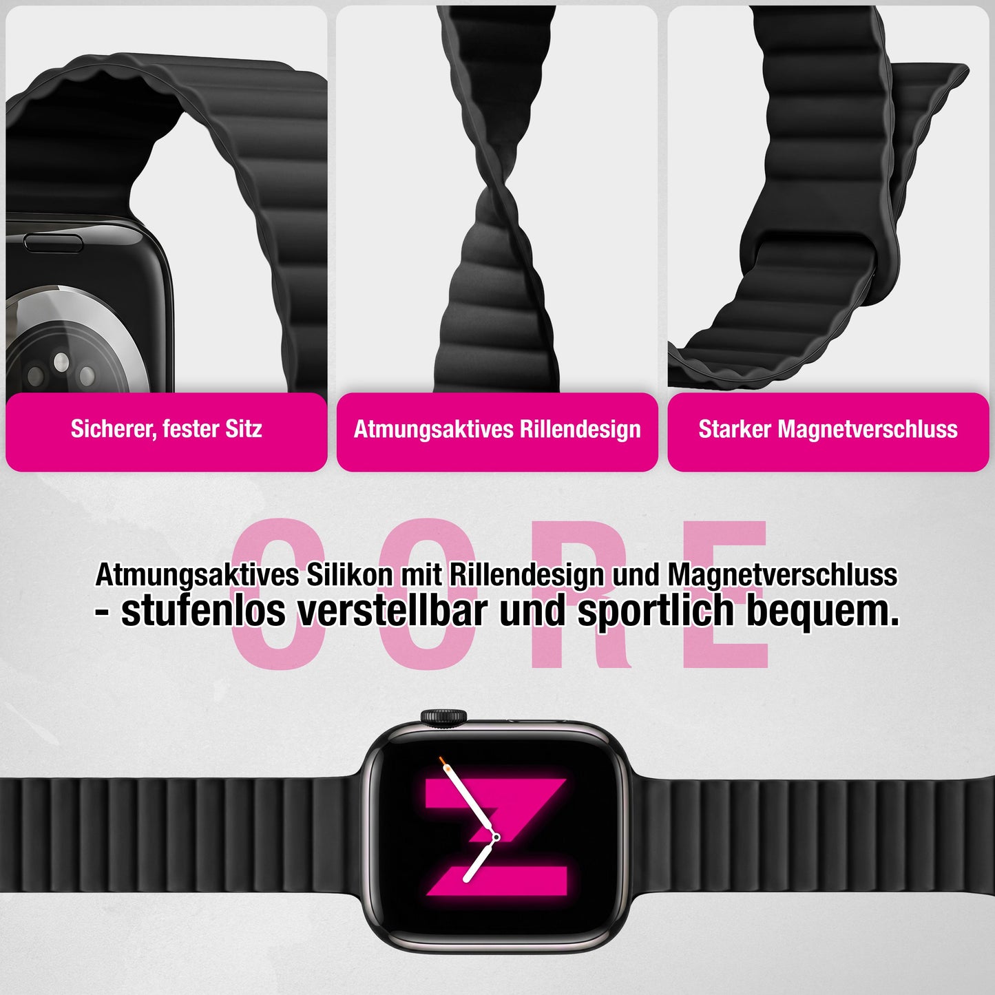 NALIA Core Magnet Armband kompatibel mit Apple Watch SE & iWatch Series 10 9 8 7 6 5 4 3 2 1, 38/40/41/42mm, Atmungsaktives Silikon Loop, Sportarmband mit Rillen Design