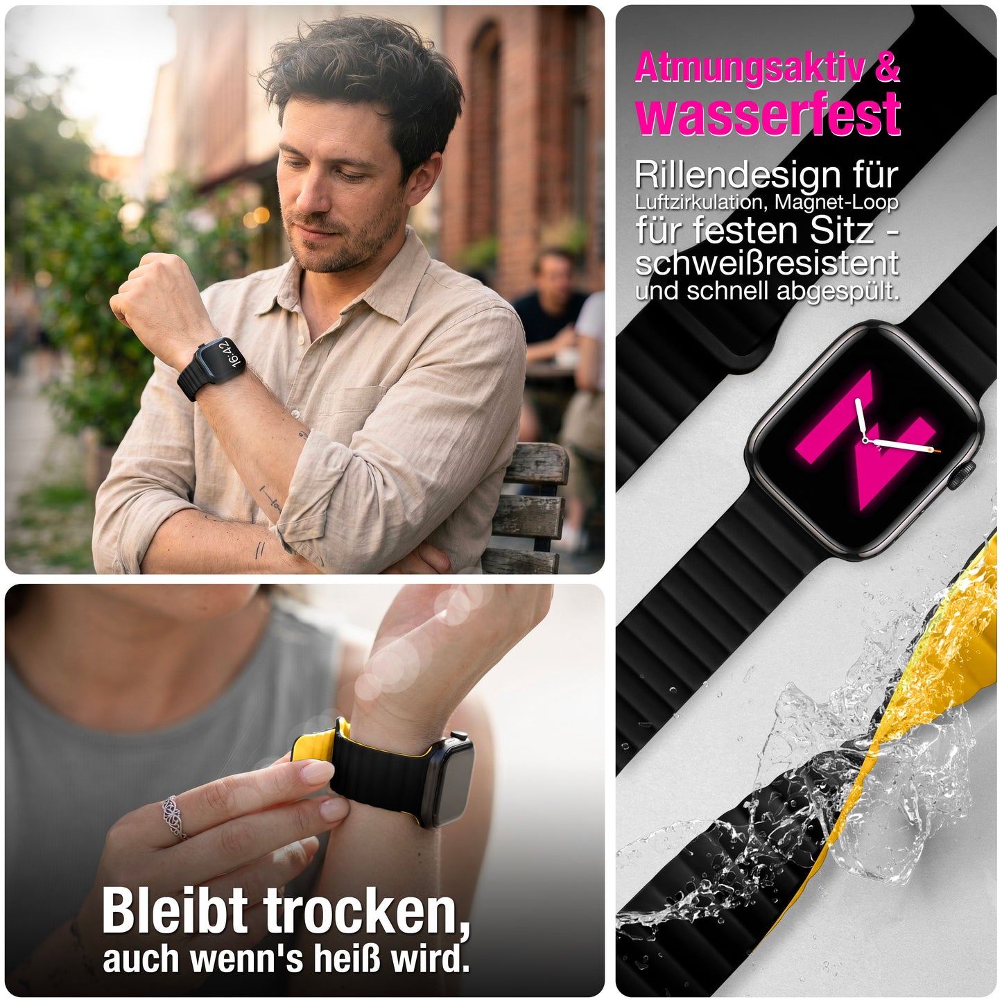 NALIA Core Magnet Armband kompatibel mit Apple Watch SE & iWatch Series 10 9 8 7 6 5 4 3 2 1, 38/40/41/42mm, Atmungsaktives Silikon Loop, Sportarmband mit Rillen Design