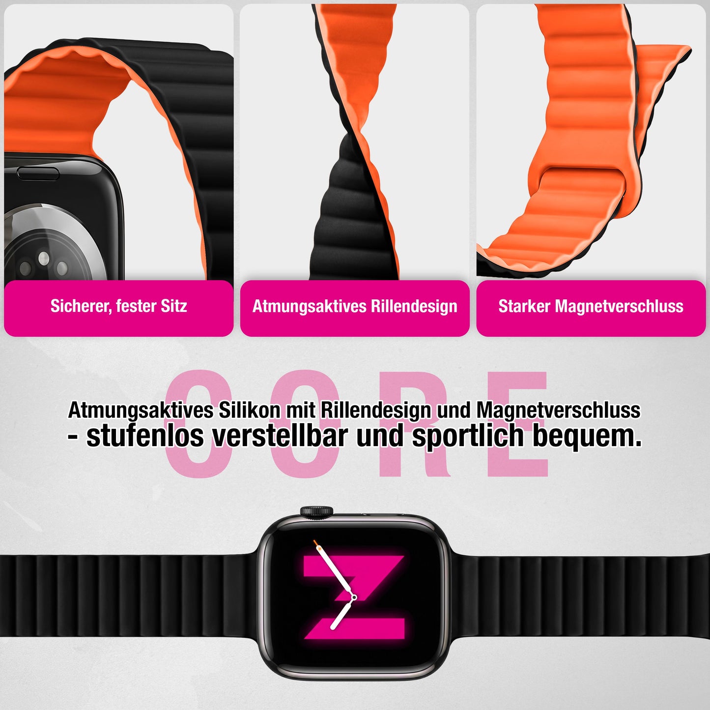 NALIA Core Magnet Armband kompatibel mit Apple Watch SE & iWatch Series 10 9 8 7 6 5 4 3 2 1, 38/40/41/42mm, Atmungsaktives Silikon Loop, Sportarmband mit Rillen Design