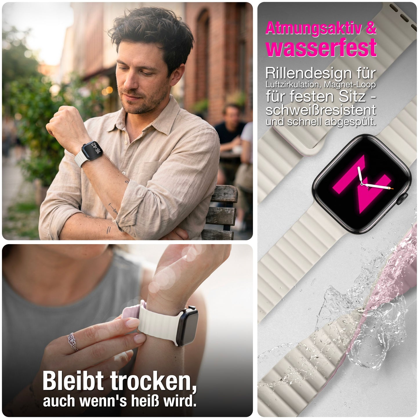 NALIA Core Magnet Armband kompatibel mit Apple Watch SE & iWatch Series 10 9 8 7 6 5 4 3 2 1, 38/40/41/42mm, Atmungsaktives Silikon Loop, Sportarmband mit Rillen Design