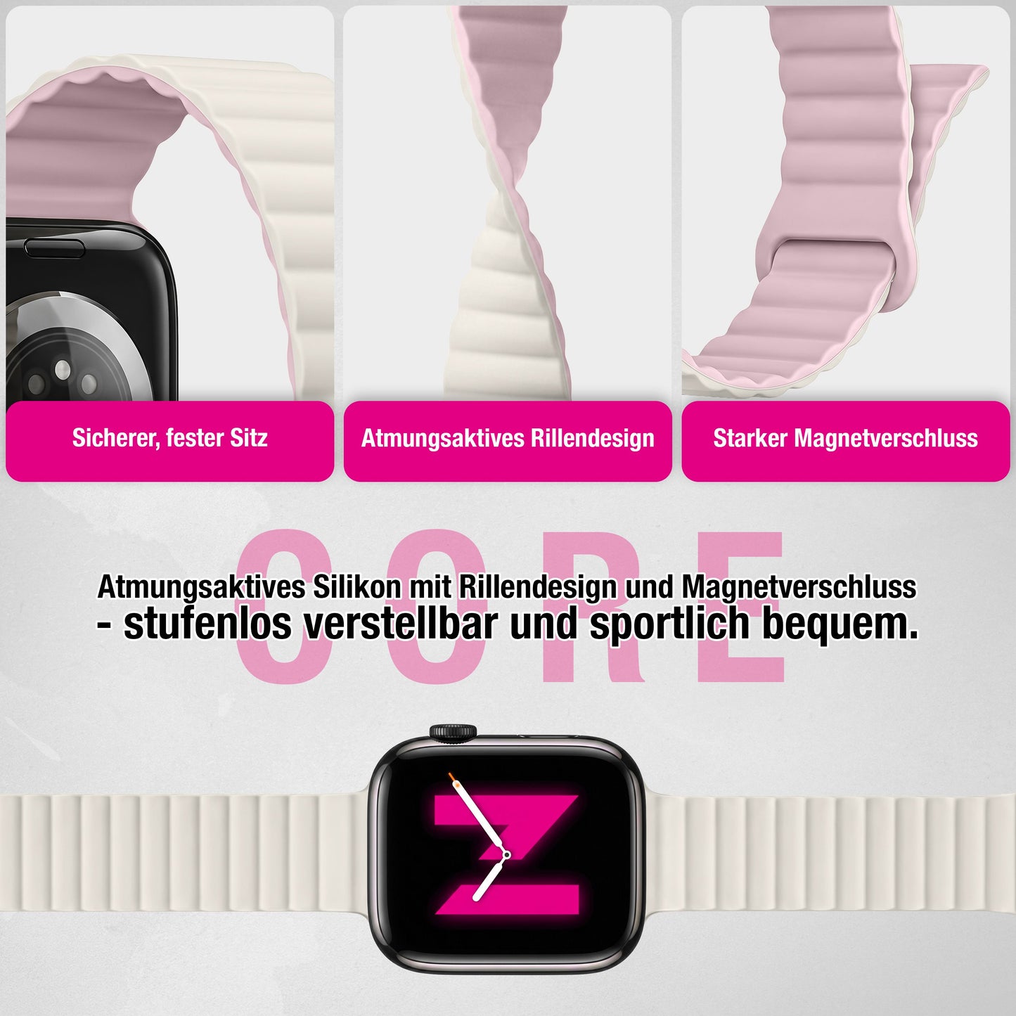 NALIA Core Magnet Armband kompatibel mit Apple Watch SE & iWatch Series 10 9 8 7 6 5 4 3 2 1, 38/40/41/42mm, Atmungsaktives Silikon Loop, Sportarmband mit Rillen Design