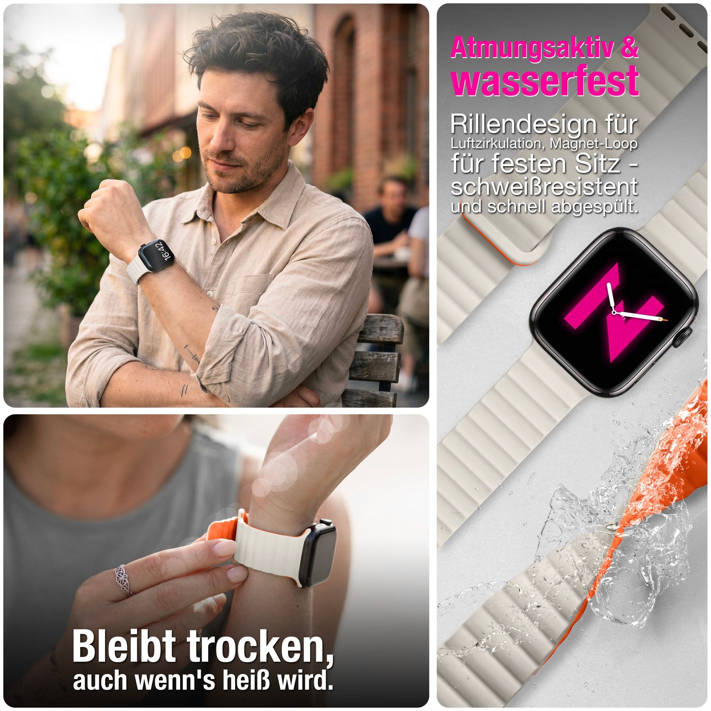 NALIA Core Magnet Armband kompatibel mit Apple Watch SE & iWatch Series 10 9 8 7 6 5 4 3 2 1, 38/40/41/42mm, Atmungsaktives Silikon Loop, Sportarmband mit Rillen Design