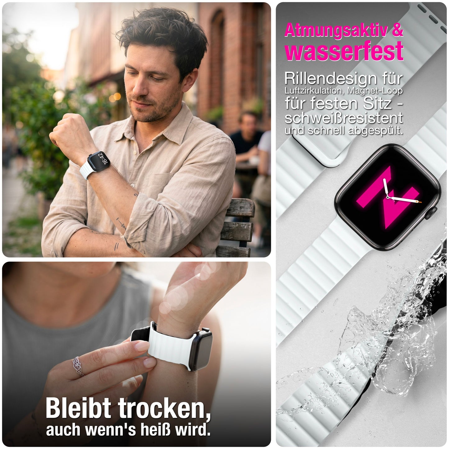 NALIA Core Magnet Armband kompatibel mit Apple Watch SE & iWatch Series 10 9 8 7 6 5 4 3 2 1, 38/40/41/42mm, Atmungsaktives Silikon Loop, Sportarmband mit Rillen Design