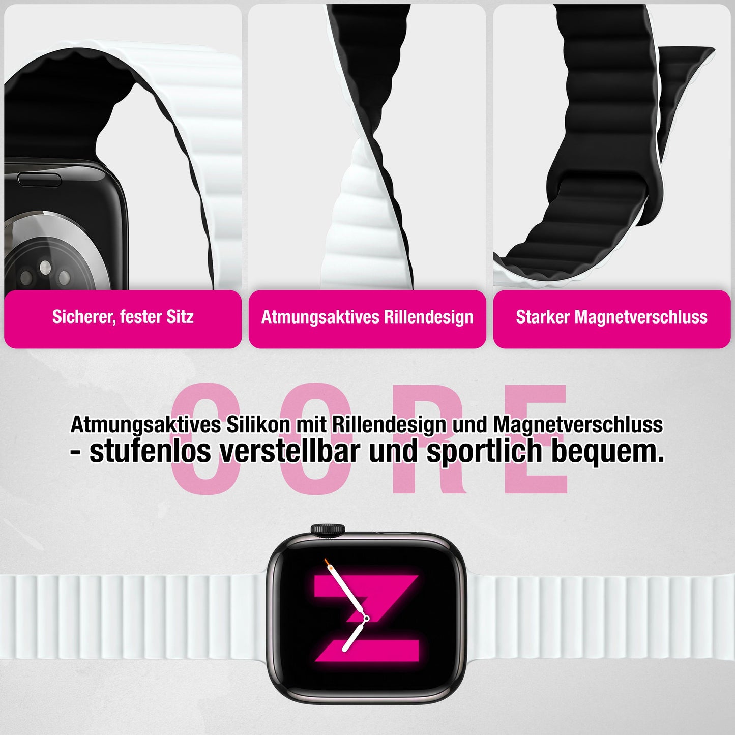 NALIA Core Magnet Armband kompatibel mit Apple Watch SE & iWatch Series 10 9 8 7 6 5 4 3 2 1, 38/40/41/42mm, Atmungsaktives Silikon Loop, Sportarmband mit Rillen Design