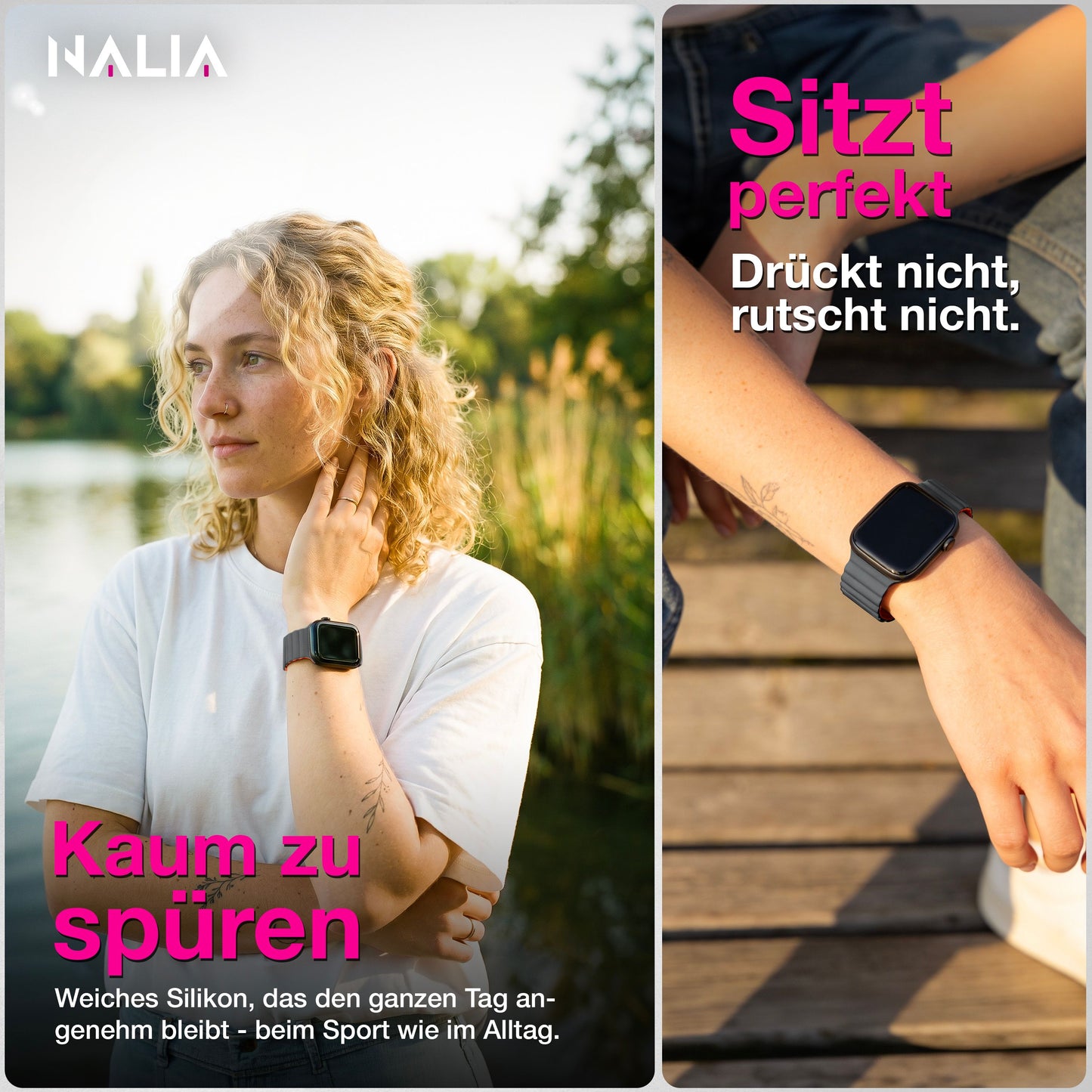 NALIA Core Magnet Armband kompatibel mit Apple Watch SE & iWatch Series 10 9 8 7 6 5 4 3 2 1, 38/40/41/42mm, Atmungsaktives Silikon Loop, Sportarmband mit Rillen Design