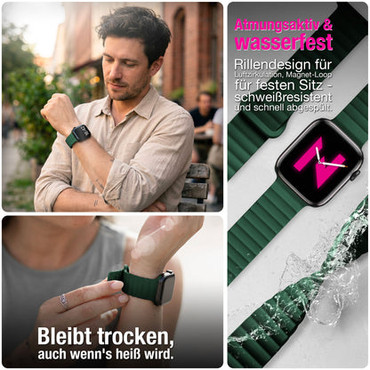 NALIA Core Magnet Armband kompatibel mit Apple Watch SE & iWatch Series 10 9 8 7 6 5 4 3 2 1, 38/40/41/42mm, Atmungsaktives Silikon Loop, Sportarmband mit Rillen Design