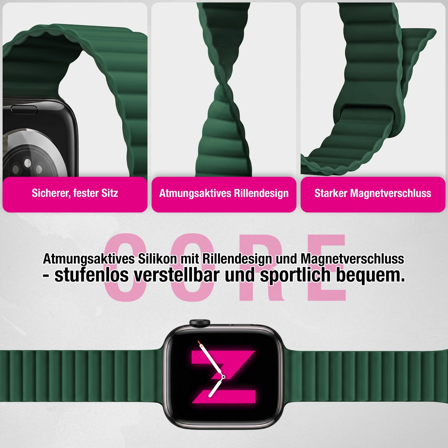NALIA Core Magnet Armband kompatibel mit Apple Watch SE & iWatch Series 10 9 8 7 6 5 4 3 2 1, 38/40/41/42mm, Atmungsaktives Silikon Loop, Sportarmband mit Rillen Design